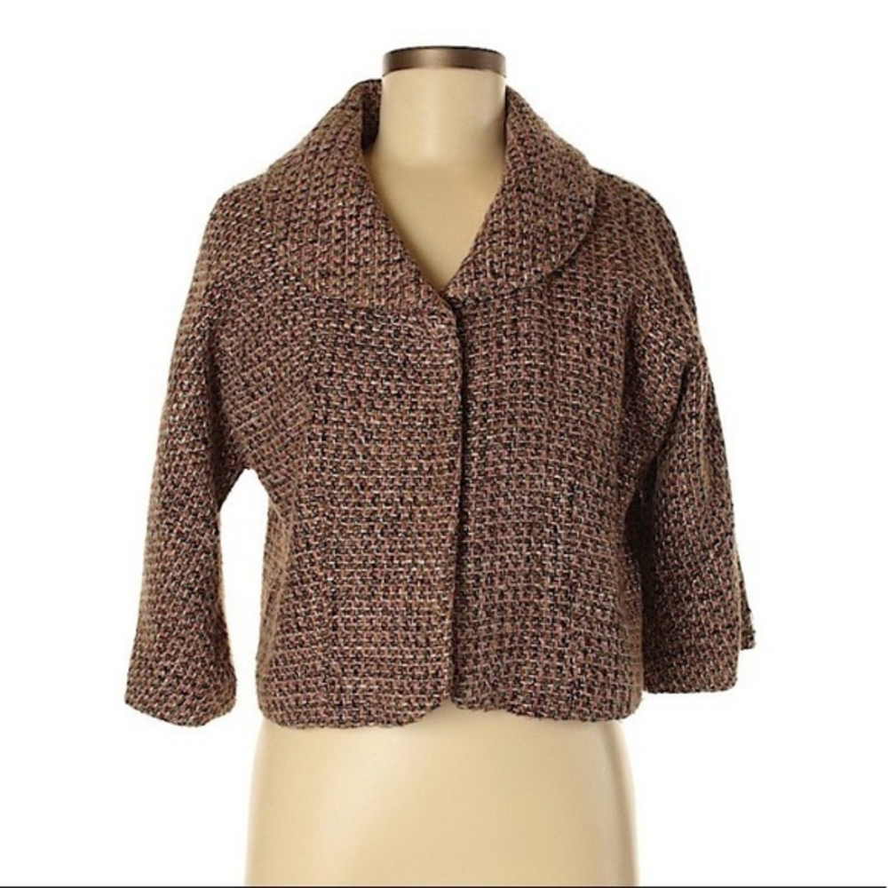 LAL M brown autumn color metallic tweed retro 1 button swing 3/4 sleeve blazer